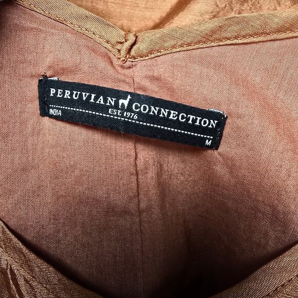Peruvian Connection Midi Dress Size M Copper Rust Lined 100% Silk Strappy Layer - Picture 8 of 9